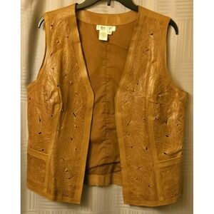 Coldwater Creek Vest Womens Med Leather Open Front Western-Chic Brown Sleeveless